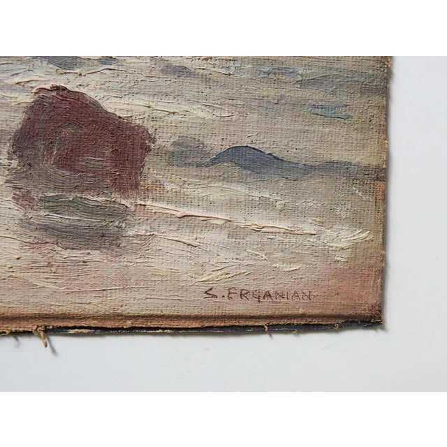 Small early 20th century oil on artist board rocky coastal seascape with steamship painting by Sarkis Daltzar Erganian...