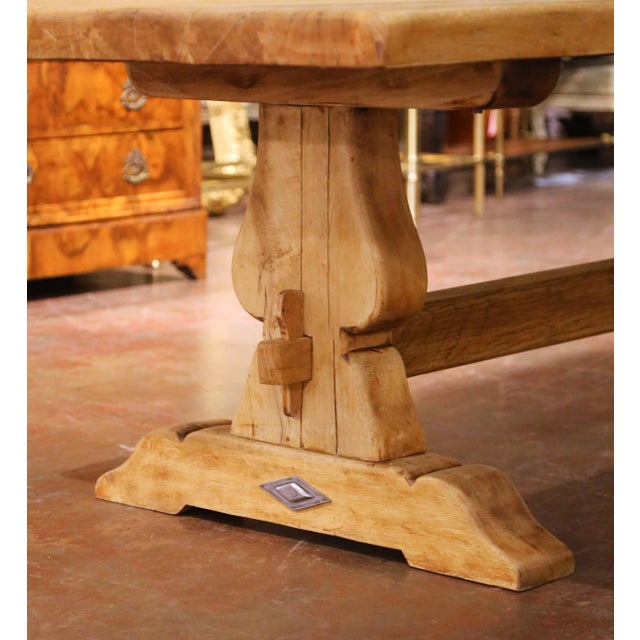 19th Century French Provincial Bleached Oak Refectory Trestle Farm Table For Sale - Image 4 of 8