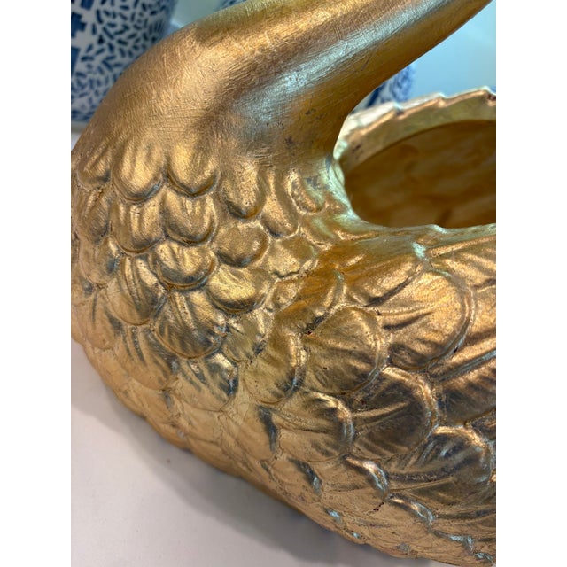 Large Hand Gilded Ceramic Swan Centerpiece Bowl Cachepot in Distressed Gold Leaf Finish For Sale In Miami - Image 6 of 16