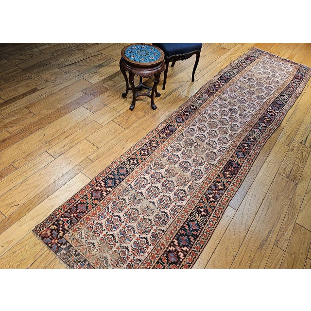 19th Century Persian Bidjar Runner, Hand-Knotted Wool, Allover Paisley Pattern, Ivory & Navy, 3x13 For Sale - Image 13 of 14