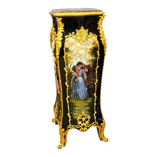 Hand-Painted French Pedestal Stand With Marble Top & Gold Leaf Accents For Sale