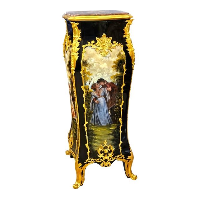 Hand-Painted French Pedestal Stand With Marble Top & Gold Leaf Accents For Sale