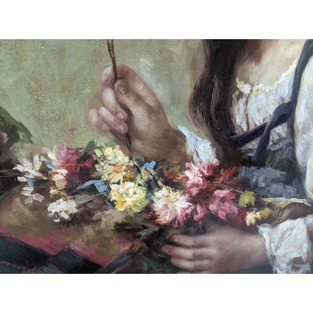 Green Late 19th Century Attributed Sophie-Vera Bovet Large Vivid Floral Figurative Oil Painting, Green & Gold Gilt Frame For Sale - Image 8 of 17