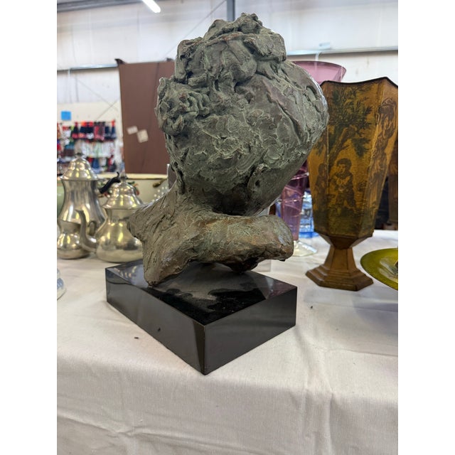 Art Deco Vintage Art Sculpture Plaster Bust of Woman Textured on Base Signed For Sale - Image 3 of 5