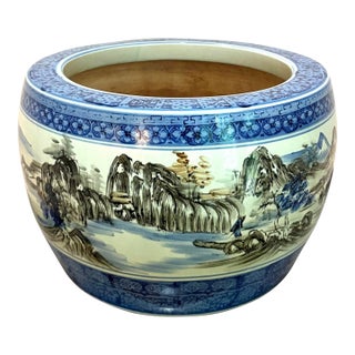 Early 20th Century Japanese Hand-Painted Large Landscape Planter For Sale