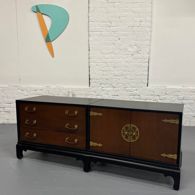 Very clean survivor from the 70s, this side by side server by Century Furniture has that great asian themed drawer pulls...