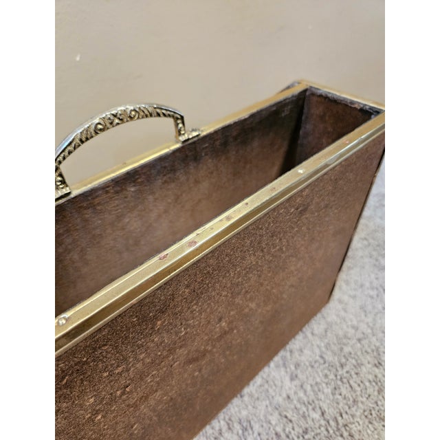Wood Mid 20th Century Vintage Embossed Brass and Wood Magazine Holder Rack For Sale - Image 7 of 8