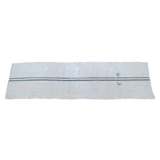 Antique 7-Foot Blue Striped Monogrammed Grain Feed Sack Runner For Sale