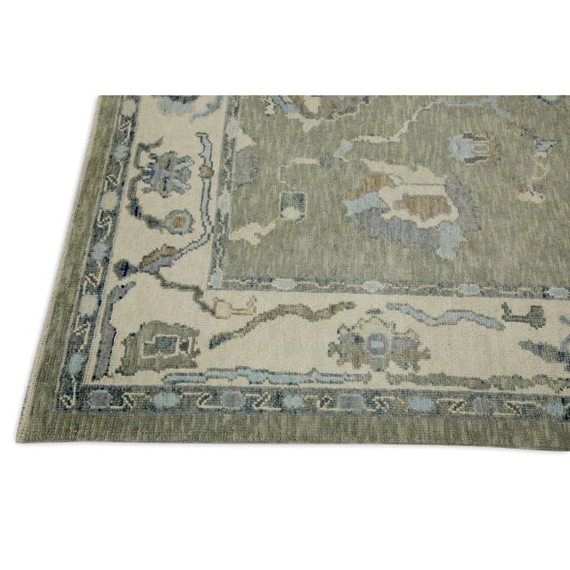 Modern Early 21st Century Green Floral Design Handwoven Wool Turkish Oushak Rug 6'3" X 8'11" For Sale - Image 3 of 8