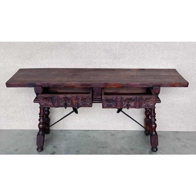 Spanish 19th Spanish Console Table With Two Carved Drawers and Original Hardware For Sale - Image 3 of 11