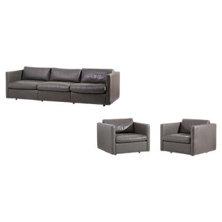 Sofa Set in Grey Leather by Charles Pfister for Knoll, USA, 1970s, Set of 3 For Sale