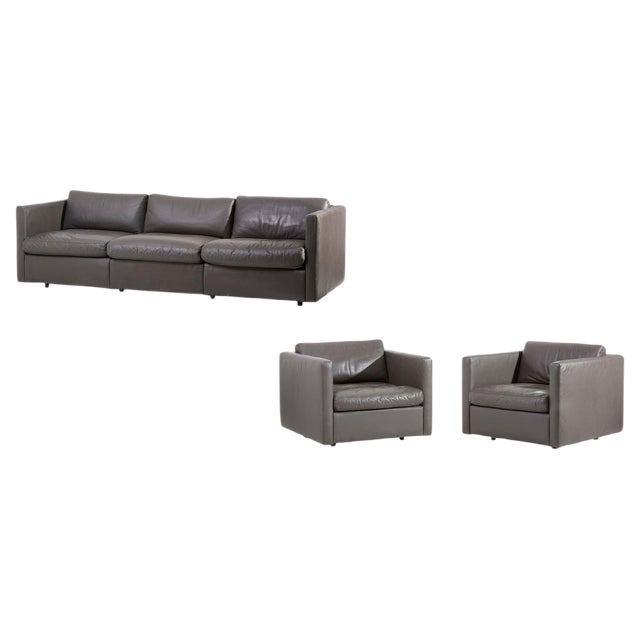 Sofa Set in Grey Leather by Charles Pfister for Knoll, USA, 1970s, Set of 3 For Sale