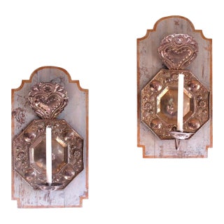 Antique Candle Sconces, Dutch Repoussée Brass and Copper Mounted on Painted Backboards - A Pair For Sale