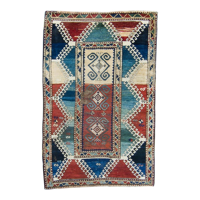 1890s Borchelu Bordjalou Rug Abrush Hand-Knotted Kazak Medallions Blue Wool Pile Rug - 4’11” X 7’4” For Sale