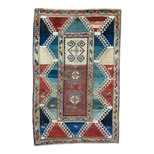 1890s Borchelu Bordjalou Rug Abrush Hand-Knotted Kazak Medallions Blue Wool Pile Rug - 4’11” X 7’4”