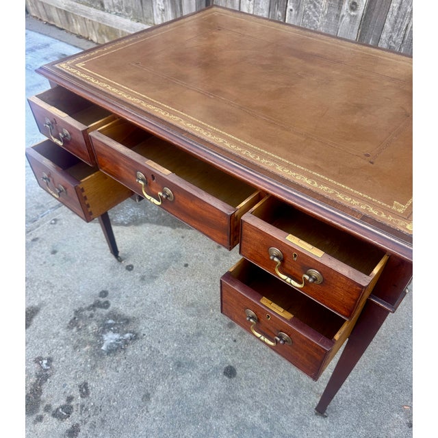 Early 20th Century Antique English Mahogany Leather-Top Writing Desk, C. 1895–1910 For Sale - Image 5 of 11