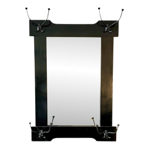 Antique English Black Painted Beveled Mirror With Iron Hat Coat Hooks
