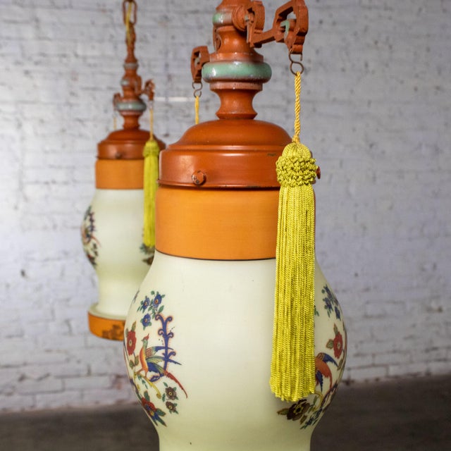 Early 20th Century Chinoiserie to Art Deco to Art Nouveau Pendant Lights Hand Painted Avian a Pair For Sale - Image 6 of 18