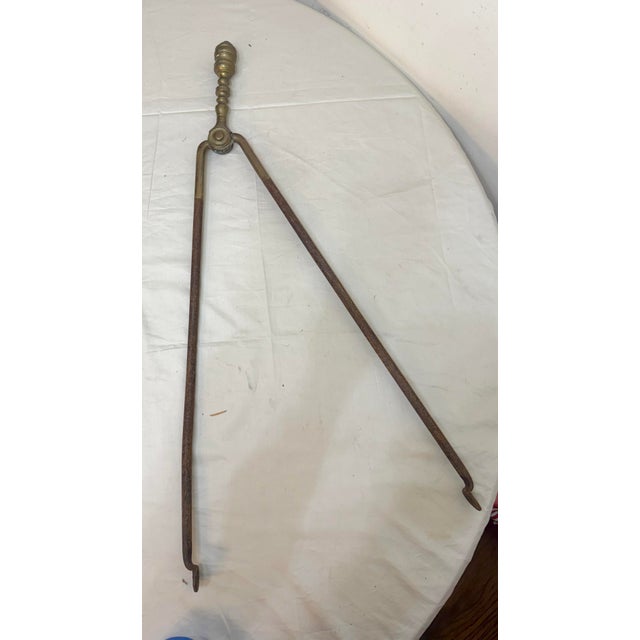 Antique 18th Century Wrought Iron Turned Brass English Fireplace Tongs Tool 2 For Sale - Image 9 of 10