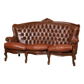 Rococo-Style Three-Seater Sofa in Leather and Wood, 1930s For Sale