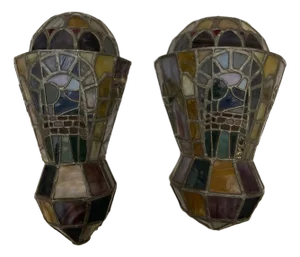 Art Deco Leaded Glass Wall Lights, 20th Century, Set of 2