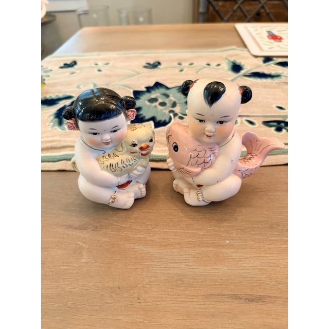 Vintage Chinese Porcelain Figurines of Baby Boy and Baby Girl For Sale - Image 4 of 11