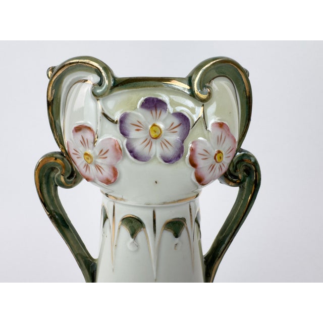 Art Nouveau Art Nouveau Porcelain Floral Vase With Gilded Handles, C. 1900 For Sale - Image 3 of 17