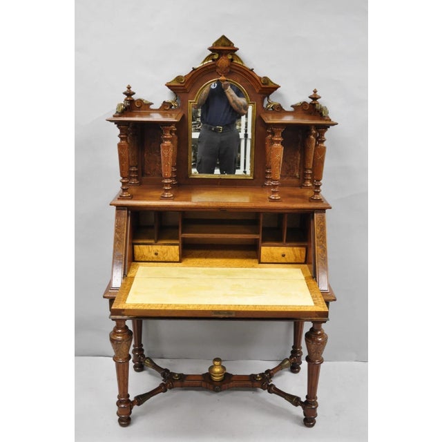 Victorian Antique Victorian Burl Walnut Slant Front Secretary Writing Desk With Mirror For Sale - Image 3 of 18