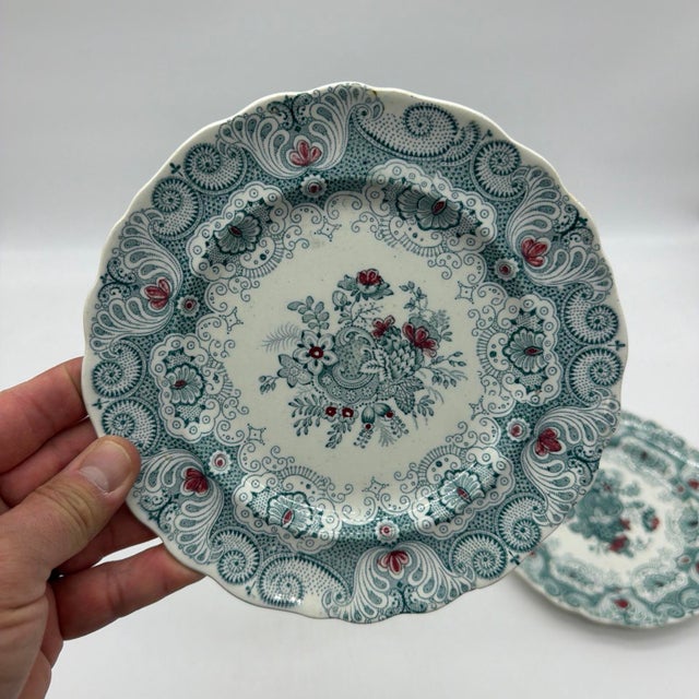 Set of 6 Antique English Adams Green & Red Transferware "Jacobean" Plates For Sale - Image 4 of 12