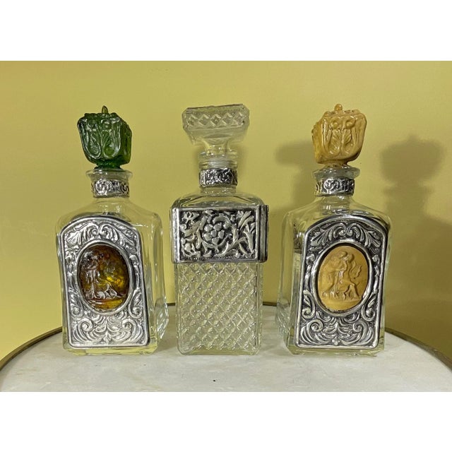 1960s Three Vintage Crystal Decanter Set With Silver Plate Tray For Sale - Image 5 of 11