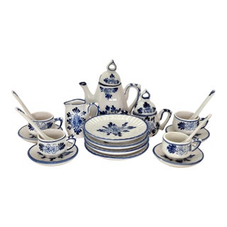 Vintage Miniature Blue and White Porcelain Tea Set - 21 Pieces For Sale