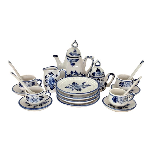 Vintage Miniature Blue and White Porcelain Tea Set - 21 Pieces For Sale