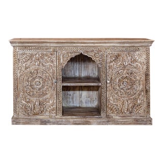 1920s Arched Carved Sideboard Media Chest With Brass Studs For Sale