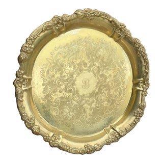 Floral Rim Etched Brass Tray For Sale