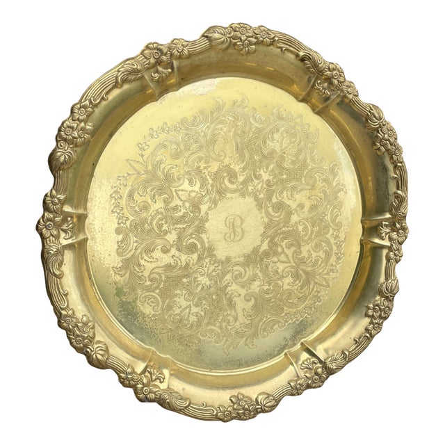 Floral Rim Etched Brass Tray For Sale