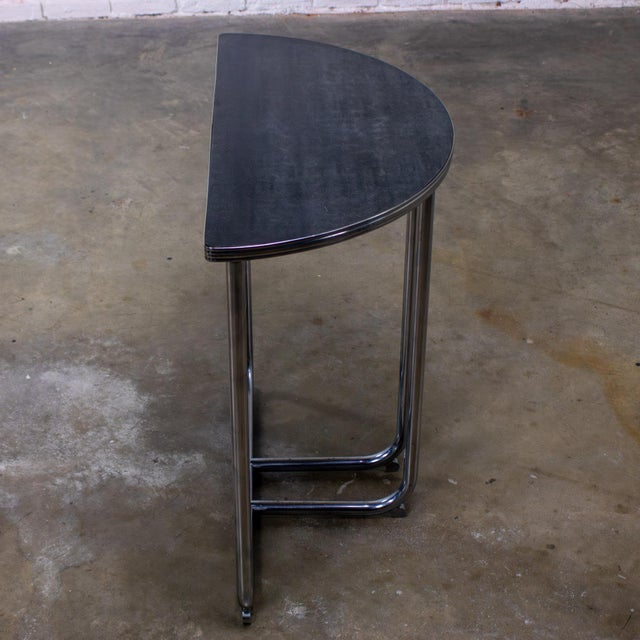 Art Deco 1920-1940’s Art Deco Streamline Moderne Royalchrome Demilune Console Table Chrome Tube Frame & Black Laminate Top For Sale - Image 3 of 18