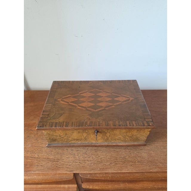 Antique Walnut Marquetry Jewelry Box With Key, Burl Wood Keepsake Box, Red Velvet Lined Locking Treasure Chest, Desk Box For Sale - Image 4 of 16