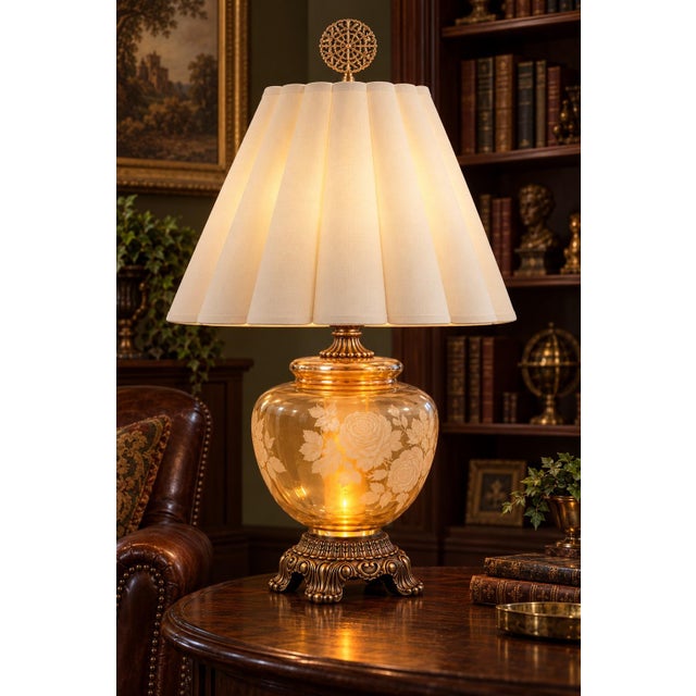 Mid 20th Century Vintage Etched Amber Glass Rose Urn Lamp With Illuminated Base and Pleated Shade For Sale - Image 5 of 10