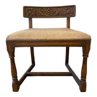 1930s Vintage Carved Low Back Oak Bench For Sale