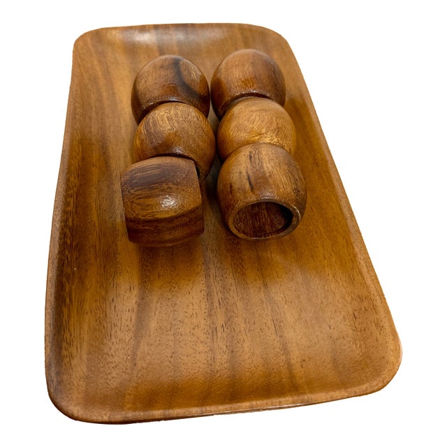 Vintage Teak-Wood Serving Tray W/ Six Teak Napkins Rings 6pc For Sale