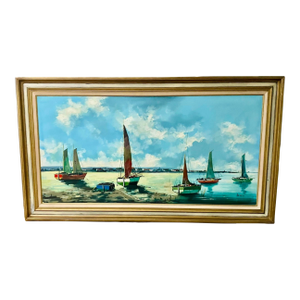 1980s Nautical Large Oil on Canvas Sailboats Signed Unknown., Framed