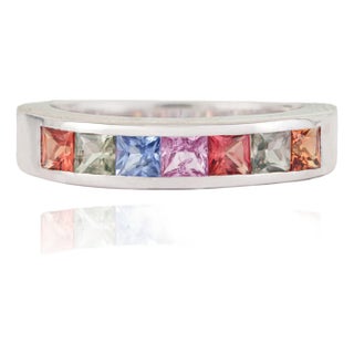 Bochic Rainbow 1.31 Ct Multi Sapphire Statement Band Ring in 925 Silver Size 9 For Sale