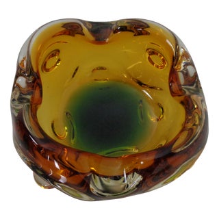 Amber and Green Murano Glass Ashtray, Italy, 1960s For Sale
