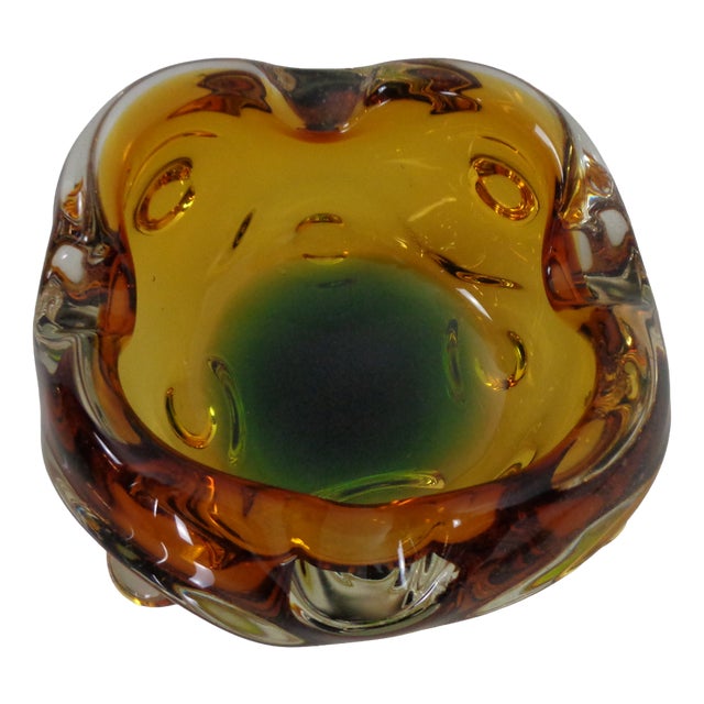 Amber and Green Murano Glass Ashtray, Italy, 1960s For Sale