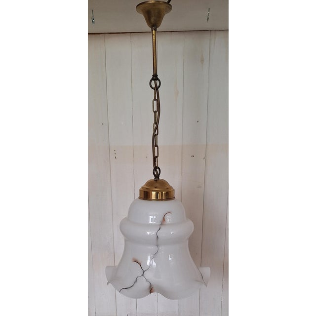 Vintage Brass Pendant with Grey Marbled White Glass Shade, 1970s, in Very Good conditions. Designed 1970 to 1979 Up to...