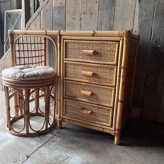 Vintage Bamboo Dressing Table with Drawers and Cushioned Stool, Set of 2 For Sale - Image 6 of 11