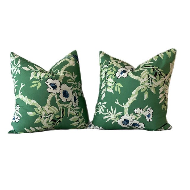 Chinese Pair of Thibaut Fabrics Yukio Chinoiserie Green and Blue Pillow Covers For Sale - Image 3 of 6