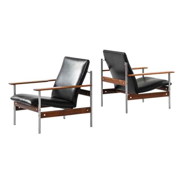Easy Chairs with Black Leather Seat from Sven Ivar Dysthe, 1960s, Set of 2 For Sale