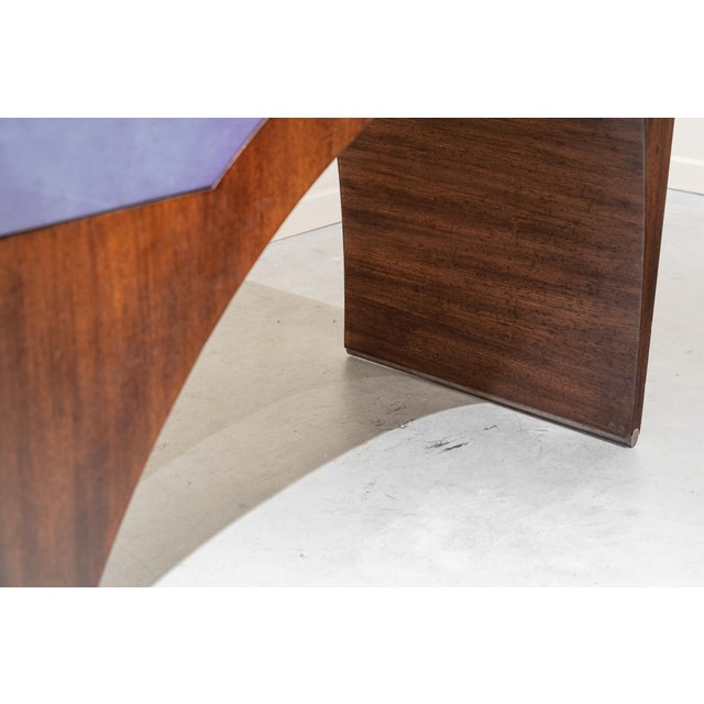 Brown French Postmodern Dressing Table in Walnut Wood and Lilac Leather., 1980s For Sale - Image 8 of 16