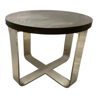 Coffee Table Heavy Round Wood Top on Cross Chrome Mid-Century Modern Style For Sale